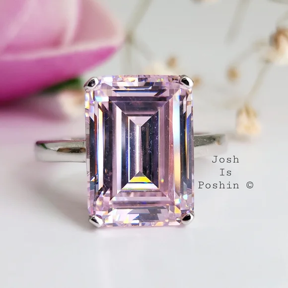 7CT Emerald cut pink diamond solitaire ring in sterling silver